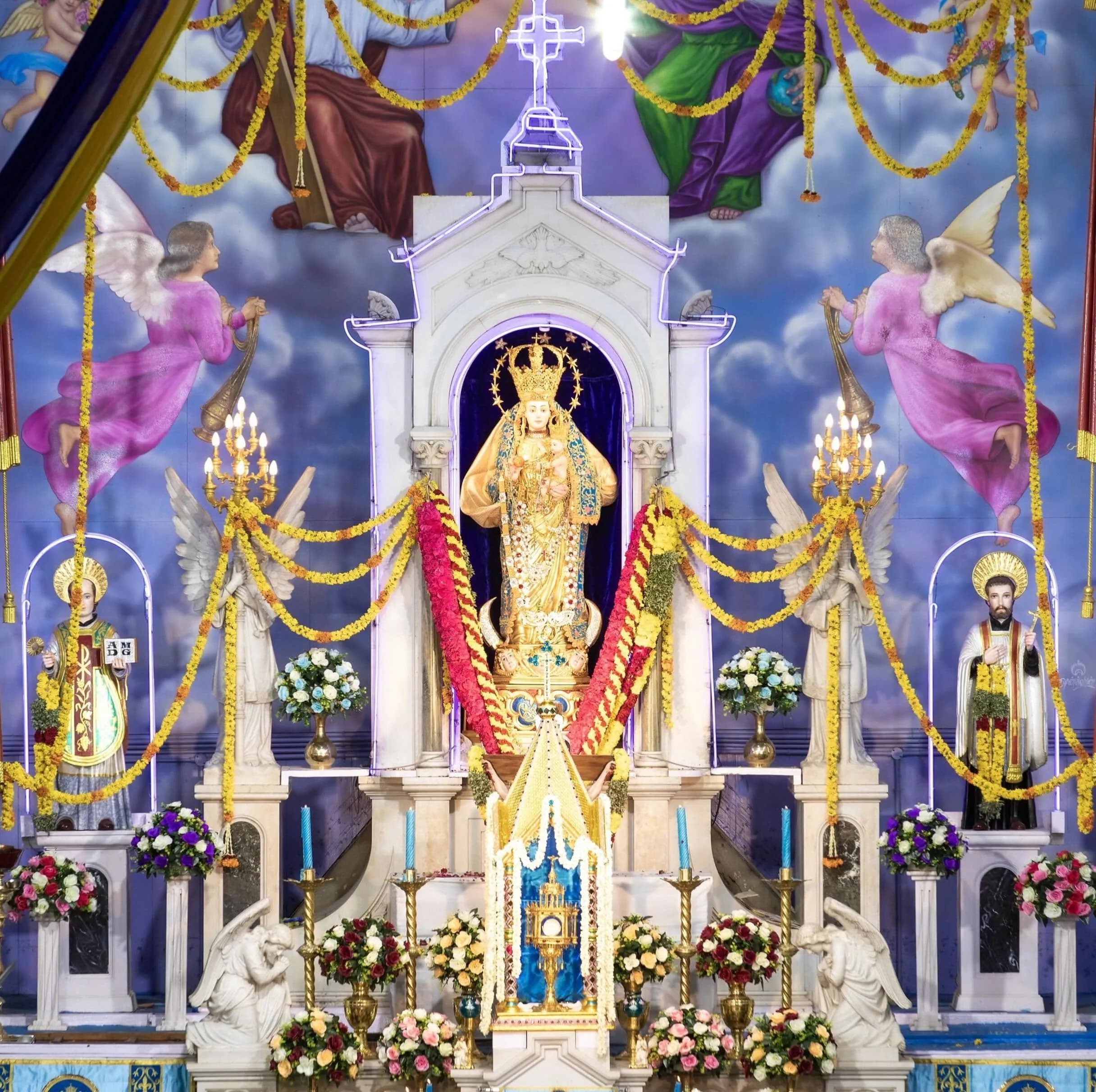 Our Lady of Snows church bathed in light